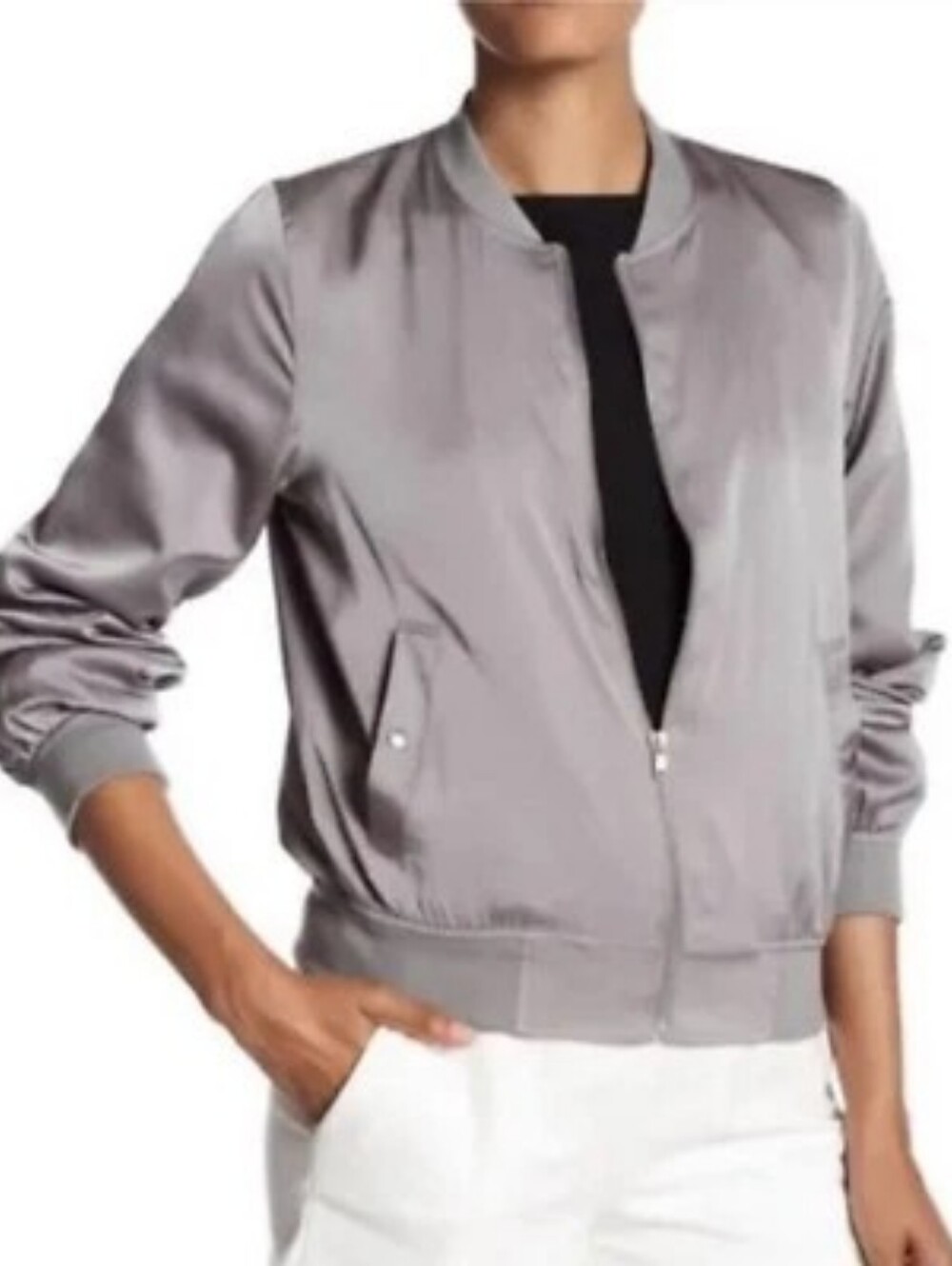 Philosophy Republic Womens Petite XSmall Satin Bomber Full Zip Snap Pocket Lined